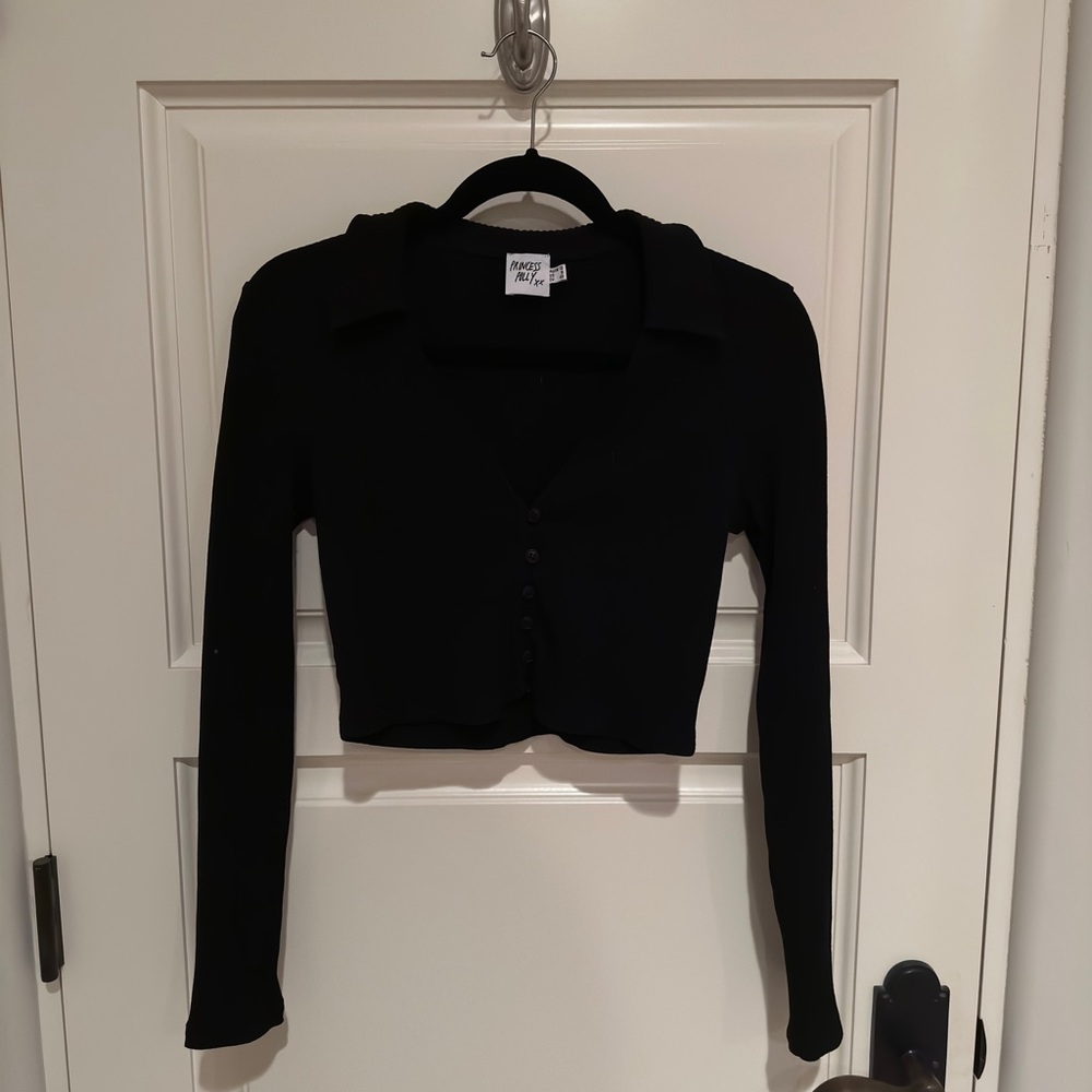 Princess Polly Black Long Sleeve Collared/Buttondown Crop Top